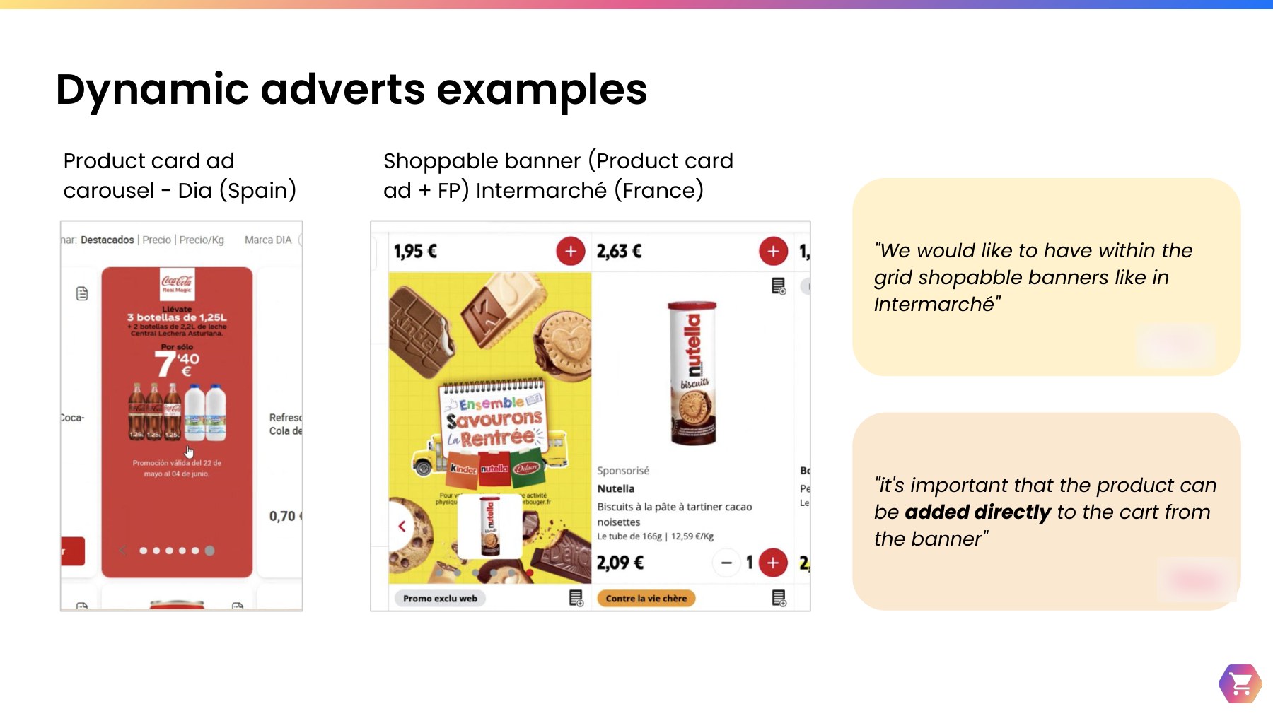 Slide titled Dynamic adverts examples, showing a product card ad carousel from Dia in Spain and a shoppable banner from Intermarché in France, with two partner quotes about adding products directly to the cart from the banner; partner logos blurred