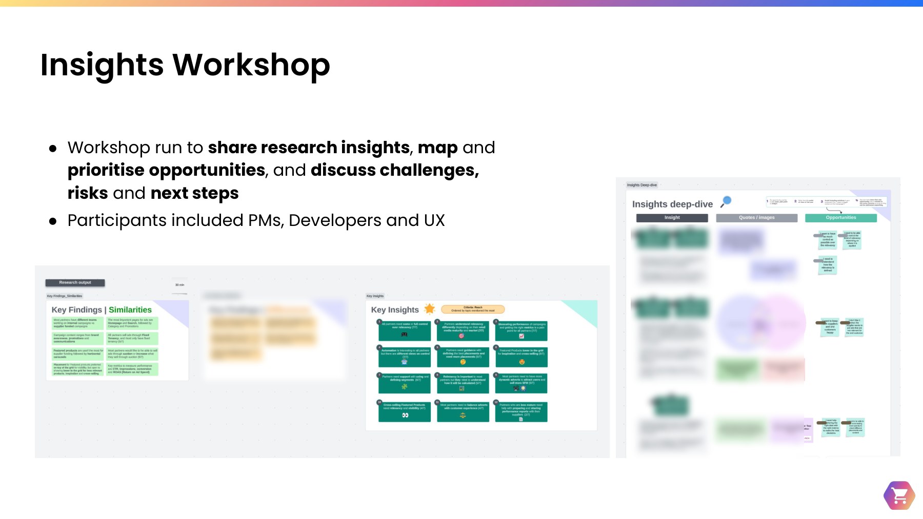 Slide titled Insights Workshop, showing a Lucid board with key findings, similarities, differences and insights used to share research and map opportunities