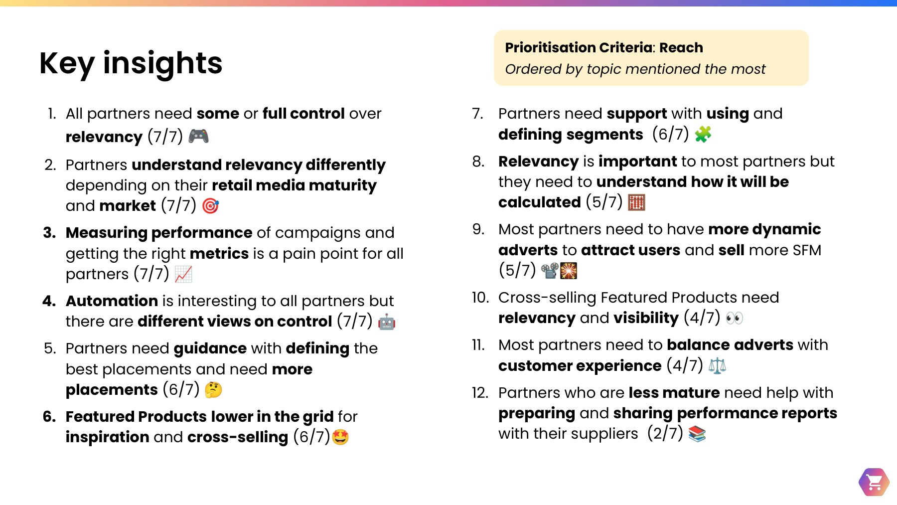 Slide listing 12 key insights ordered by how many partners mentioned them