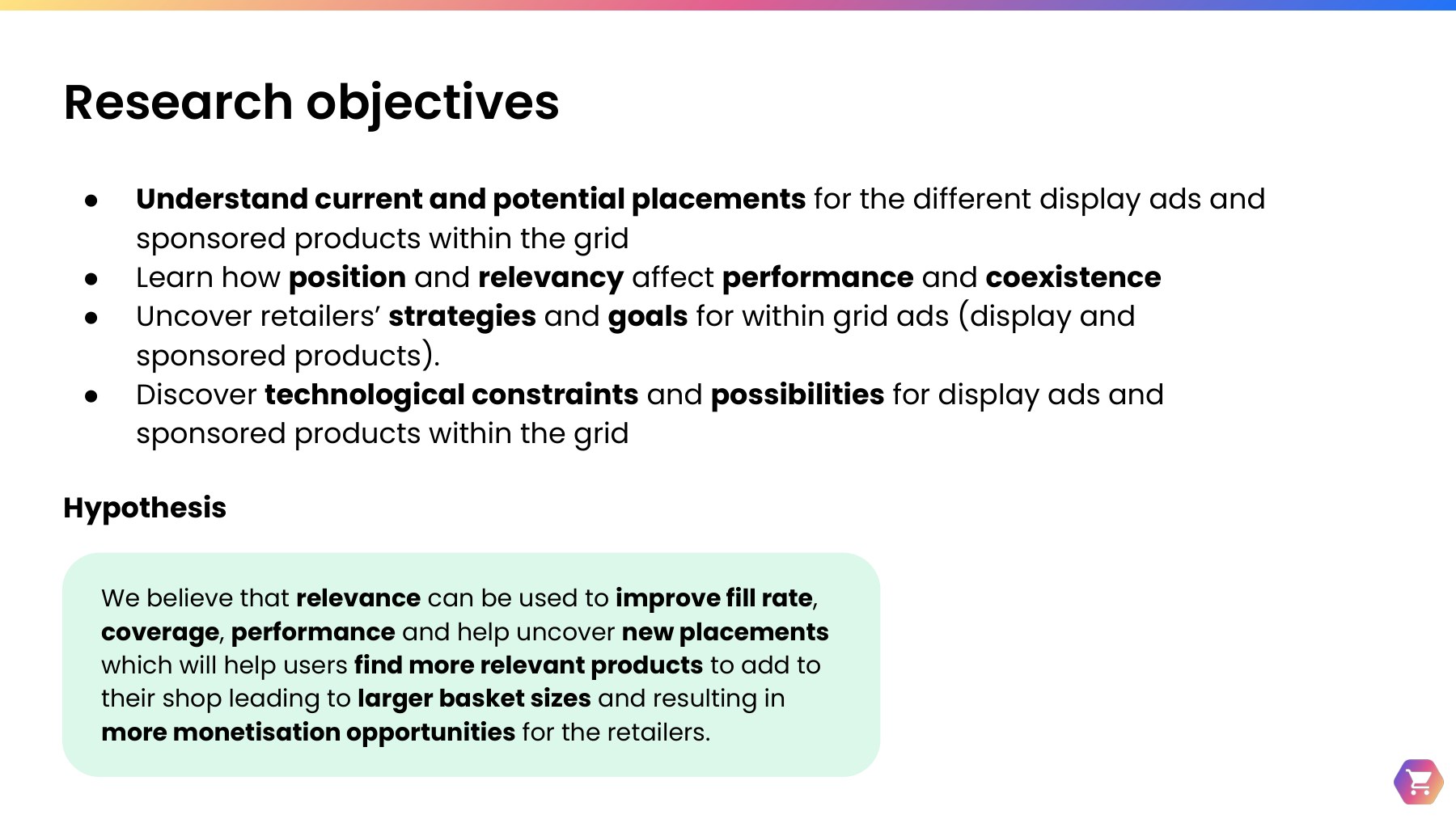 Slide showing the four research objectives and the hypothesis that relevance can improve fill rate, coverage, performance and uncover new placements, leading to larger basket sizes and more monetization opportunities