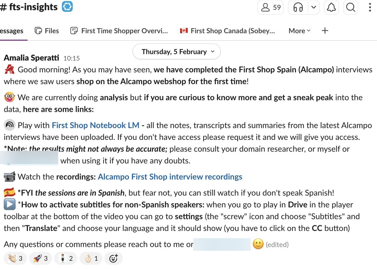 The fts-insights Slack channel, showing 59 members, pinned tabs for the First Time Shopper Overview canvas and market-specific resources, and an update post on completed Alcampo interviews