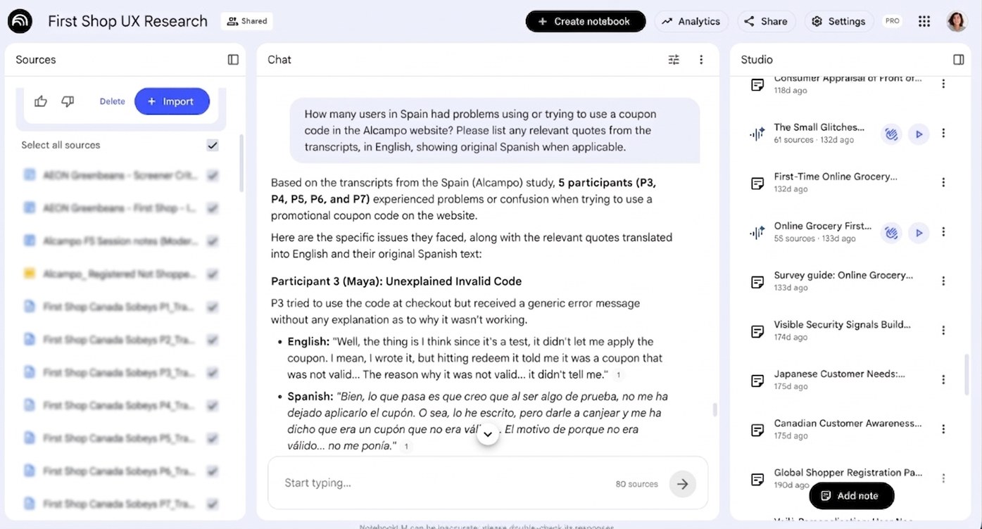 NotebookLM interface for the First Shop UX Research repository, showing a chat query about coupon code issues in Spain with cited sources