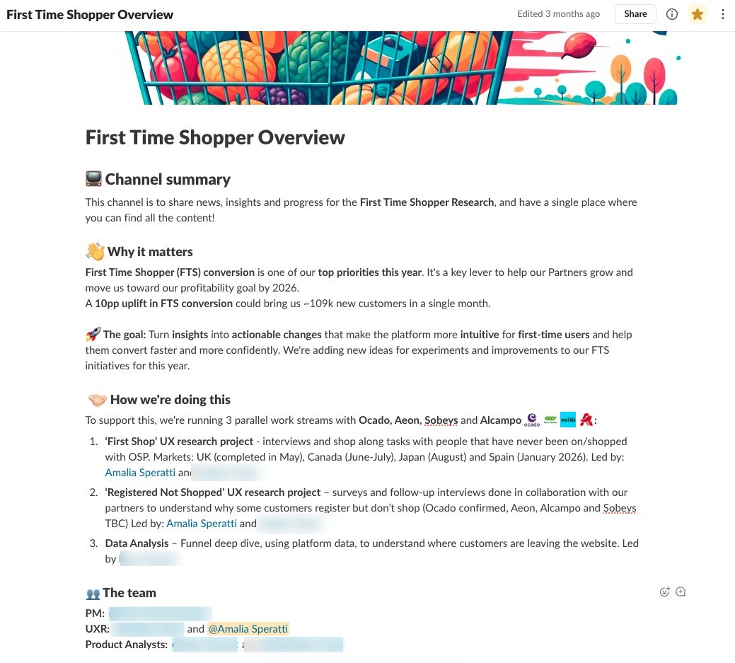 Slack Canvas titled First Time Shopper Overview, summarizing the channel's goals and the three parallel workstreams