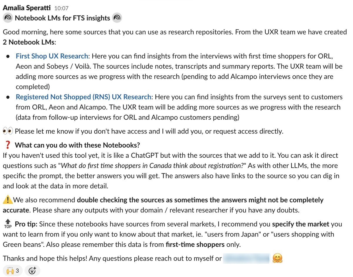 Slack announcement post introducing the two NotebookLMs, with usage tips and a disclaimer to double-check outputs