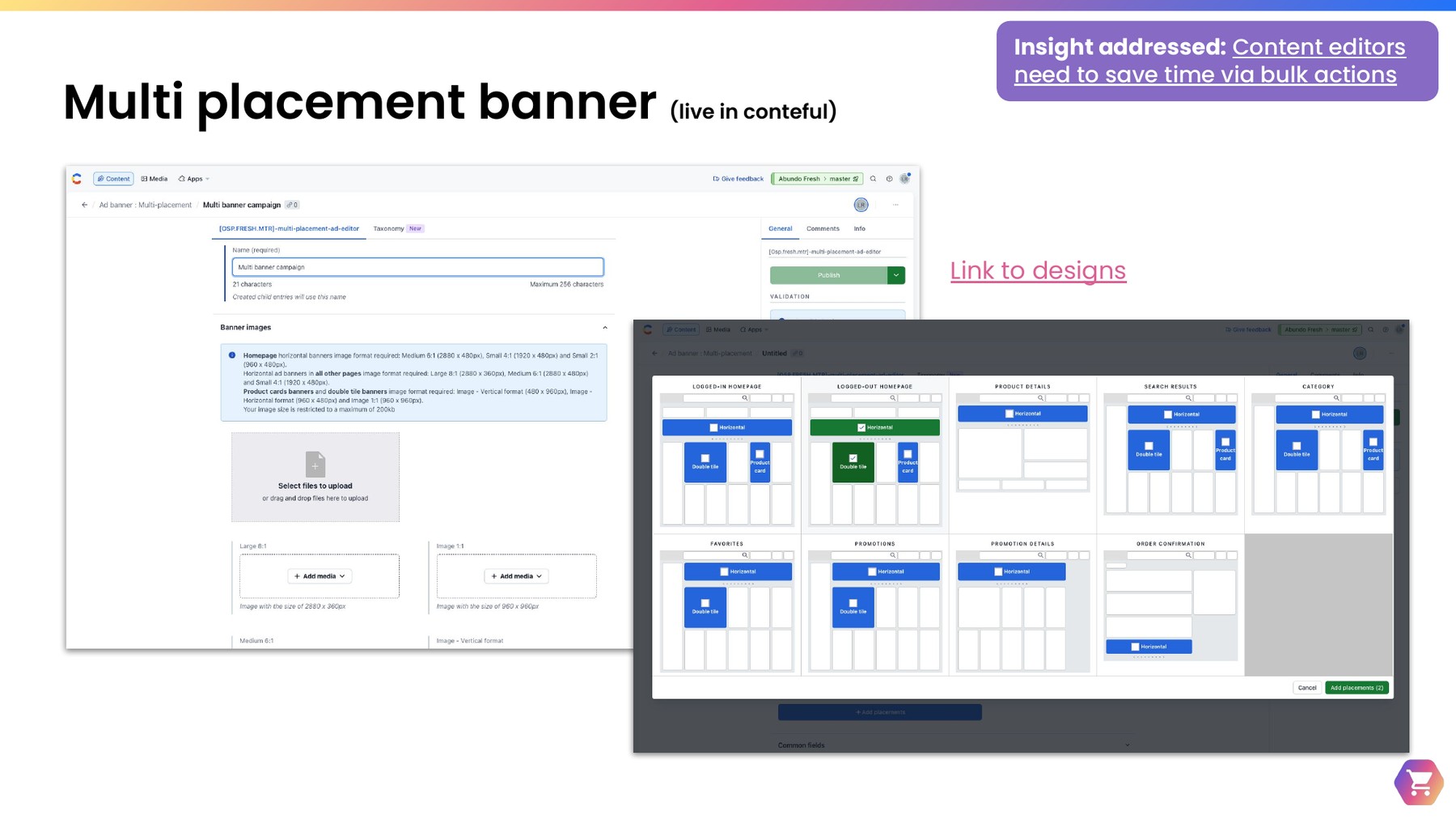 Multi placement banner design in Contentful and a corresponding homepage layout mockup, allowing one banner to be applied across multiple placements at once