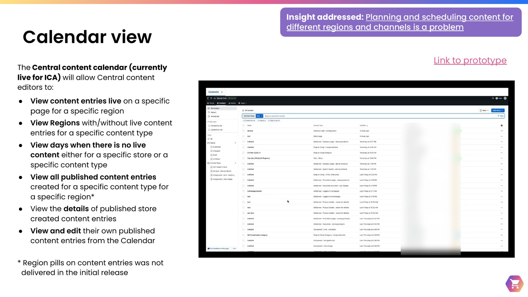 Calendar view slide showing the insight addressed — planning and scheduling content for different regions and channels is a problem — alongside a screenshot of a Contentful content list view with entries, content types, and update timestamps, with the editor names column blurred for privacy