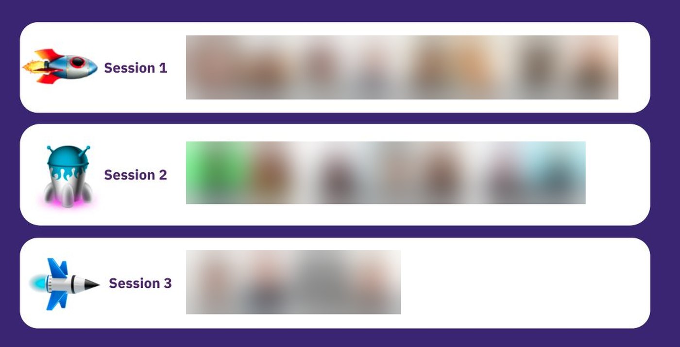 Overview of the three ideation sessions, each with its group of participants; participant photos and names blurred