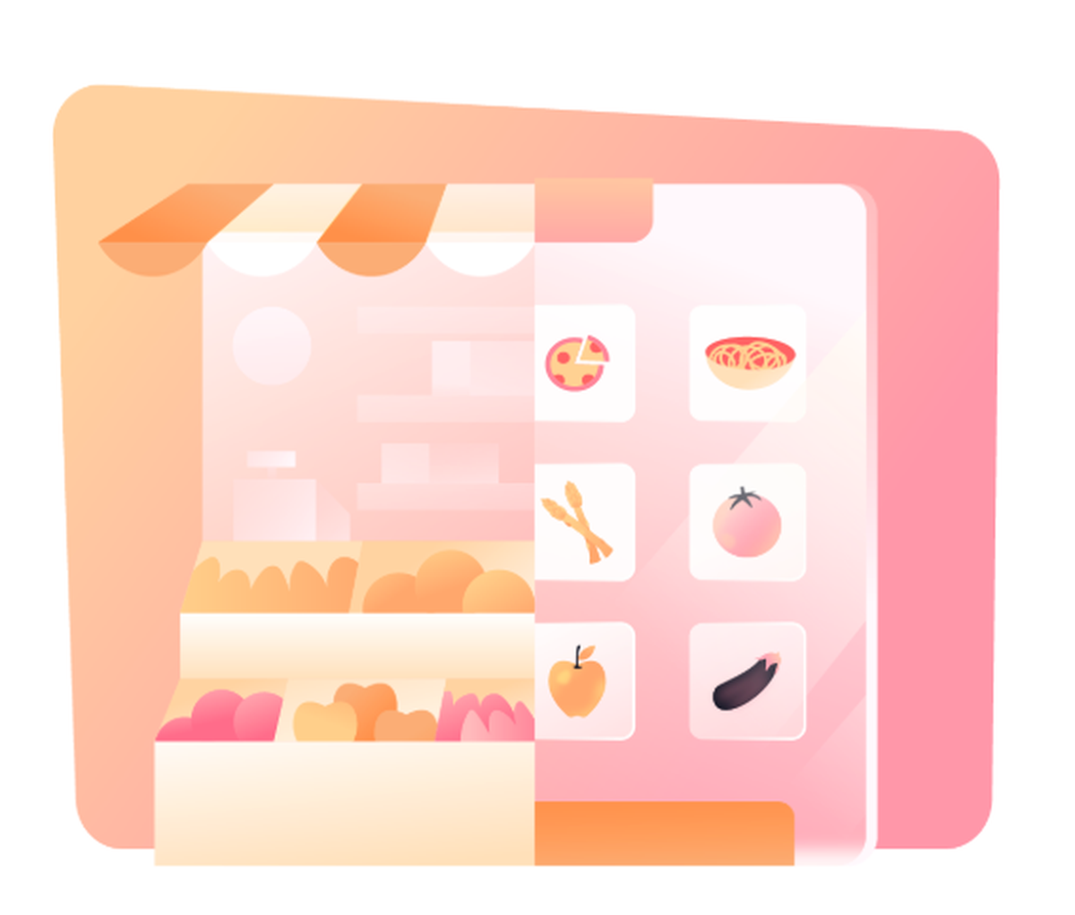 Illustration of a grocery store transitioning into an online grocery app — half physical shop shelves, half a mobile grid of grocery items