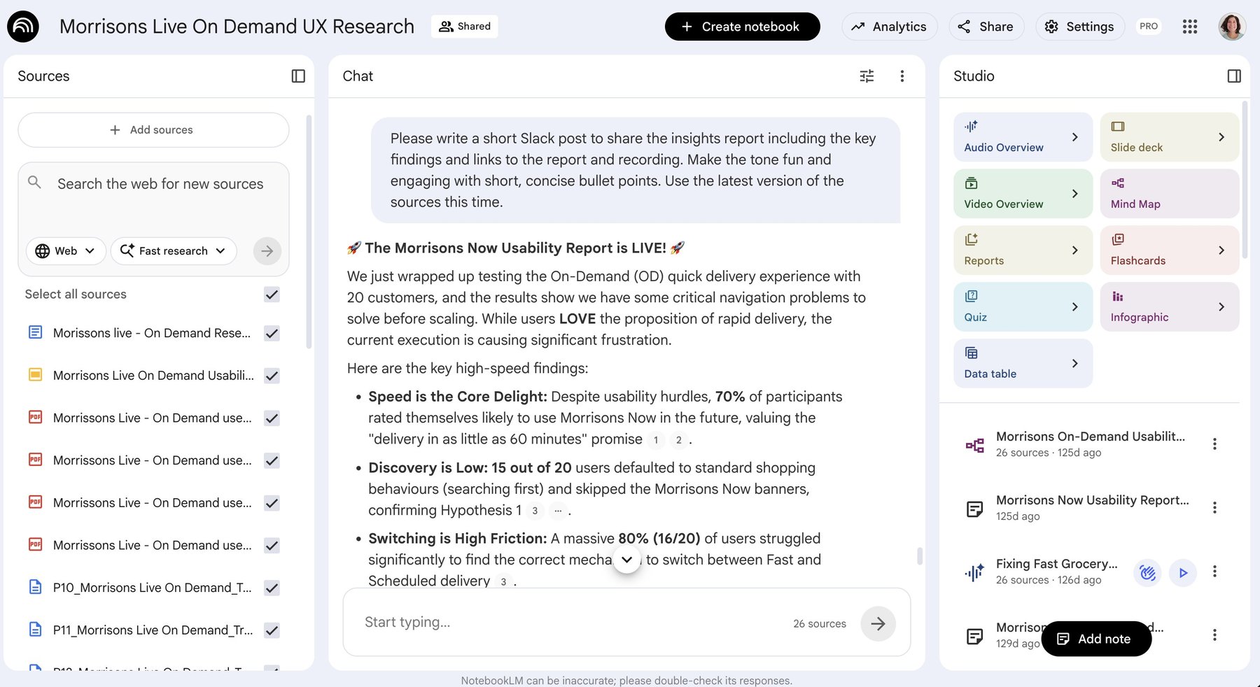 The Morrisons Live On-Demand NotebookLM interface, showing a chat query asking for a shareable summary of the usability report's key findings