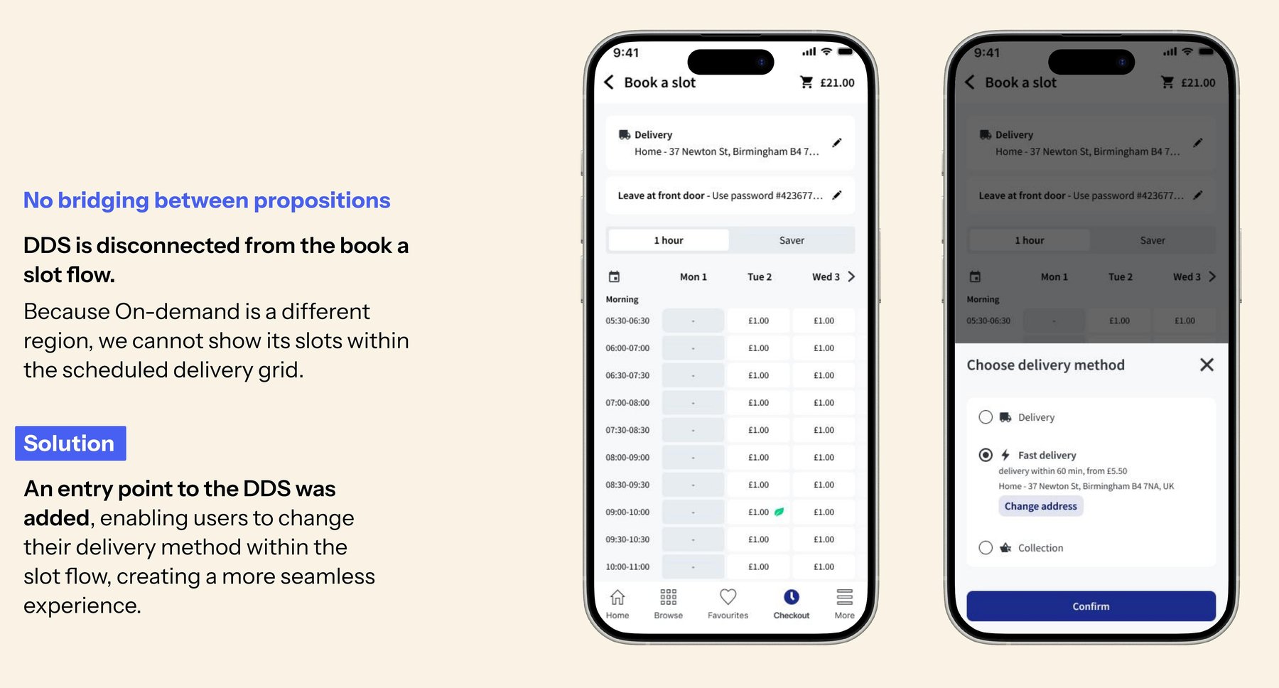 Before and after: no way to switch delivery method from within the Book a Slot flow, then an entry point added directly inside that flow