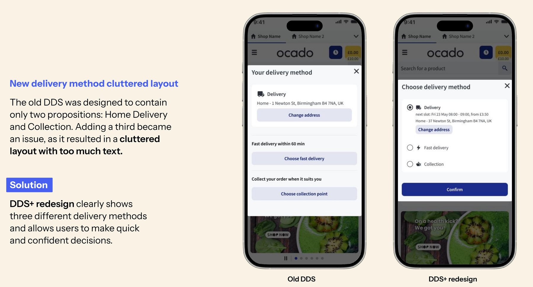 Before and after: the old delivery method screen with only two options became cluttered when a third was added, then the DDS+ redesign clearly separates all three delivery methods