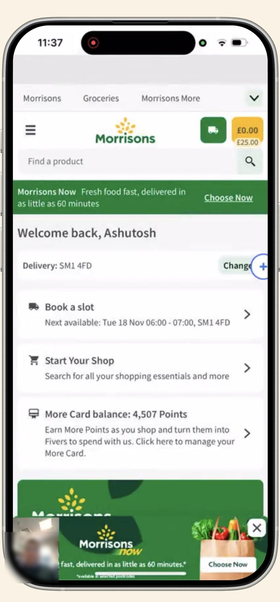 The live Morrisons app homepage showing the Morrisons Now banner advertising fresh food delivered in as little as 60 minutes