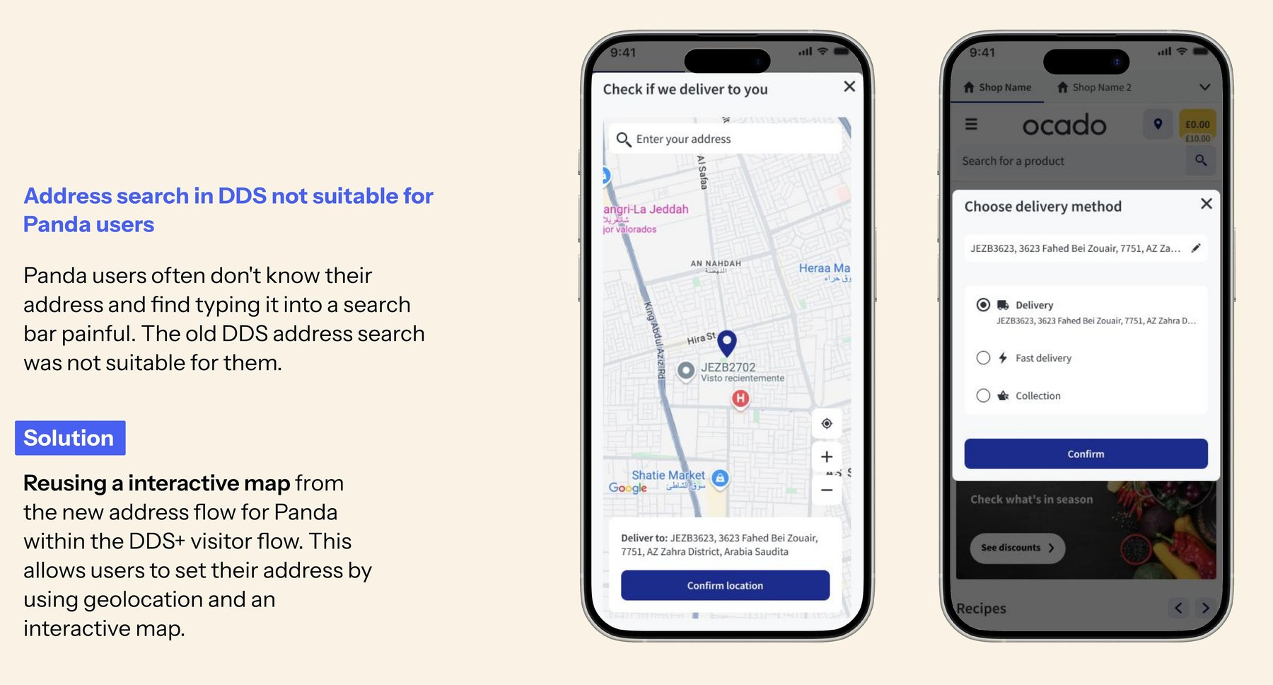 Before and after: a text-based address search unsuitable for Panda users in Saudi Arabia, then an interactive map with geolocation reused from the new address flow