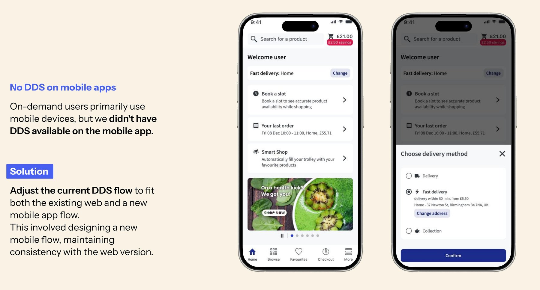 Before and after: no Delivery Destination Selector on the mobile app, then the solution adjusting the DDS+ flow to fit both web and a new mobile app flow