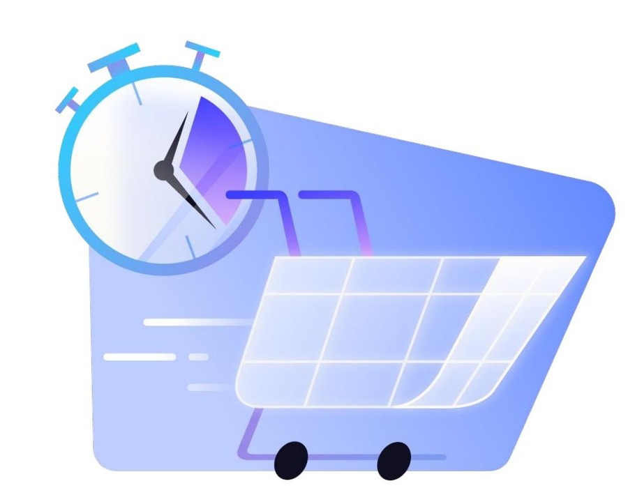 Illustration of a stopwatch overlaid on a shopping cart, symbolizing fast, on-demand grocery delivery